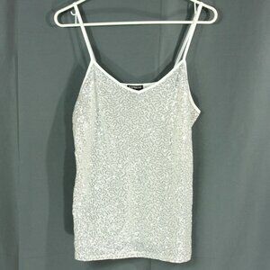 Express Silver Sequins Sparkle Camisole Cami Clubwear Disco White Tank Top L